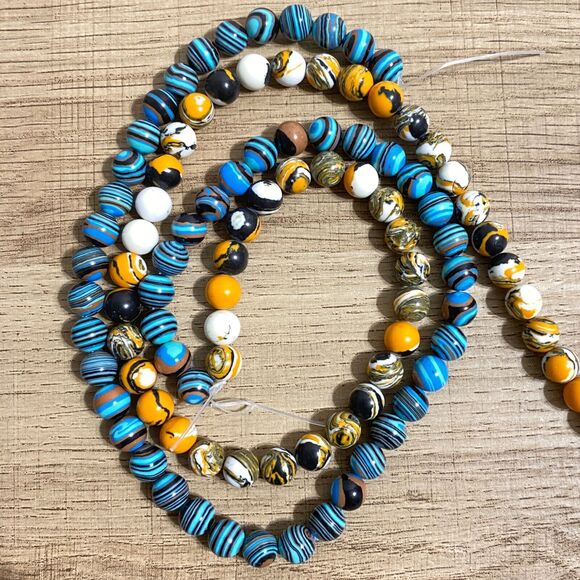 Rainbow Calsilica Beads Jewelry Making Craft Blue Yellow Stripe Banded Round 8mm - Picture 1 of 10